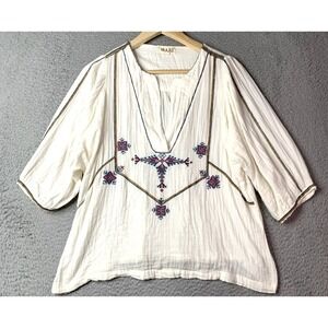 M.a.b.e. Blouse Womens Small Vivien Embroidered Off White Gauze Short Sleeves